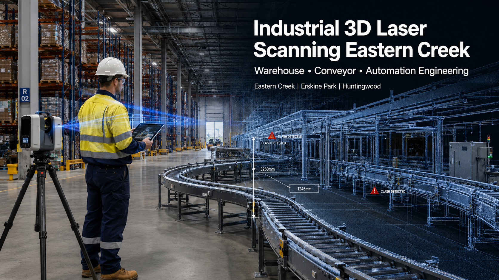 Engineer using a 3D laser scanner inside an automated Eastern Creek warehouse with conveyors, racking and a point-cloud model.