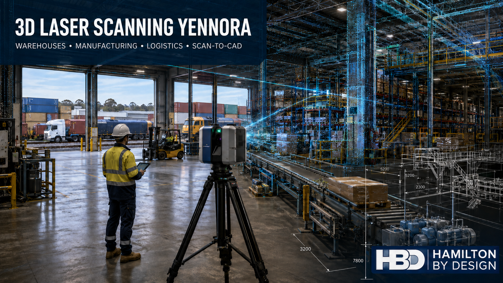 3D laser scanning a Yennora warehouse with conveyors, point-cloud data, CAD overlays and Hamilton By Design branding.