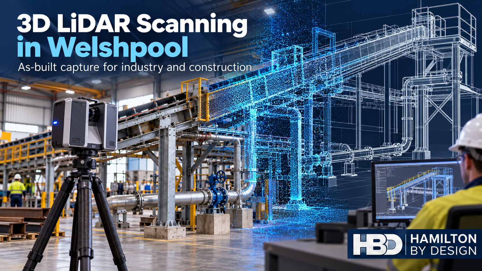 LiDAR scanner capturing a Welshpool industrial conveyor, with the equipment transitioning into a point cloud and 3D CAD model.