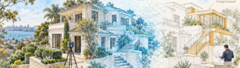 Watercolour illustration of a Bellevue Hill home transitioning from existing conditions to a blue point cloud and proposed renovation, with a LiDAR scanner in the foreground.