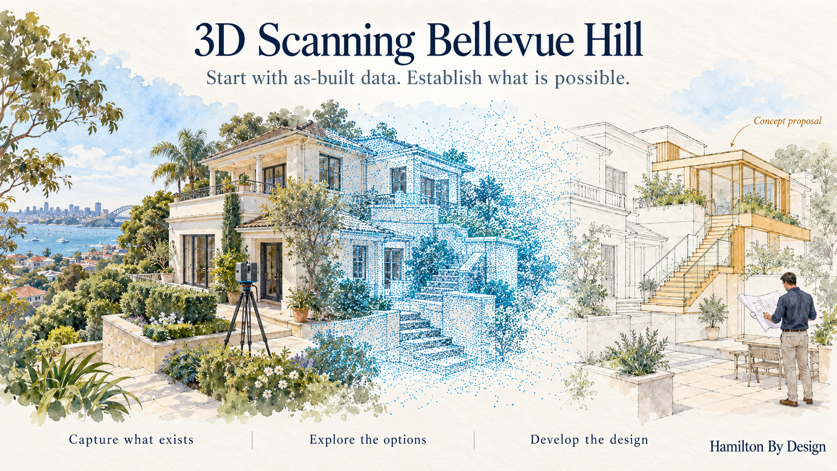 Watercolour illustration of a Bellevue Hill home transitioning from existing conditions to a blue point cloud and proposed renovation, with a LiDAR scanner in the foreground.