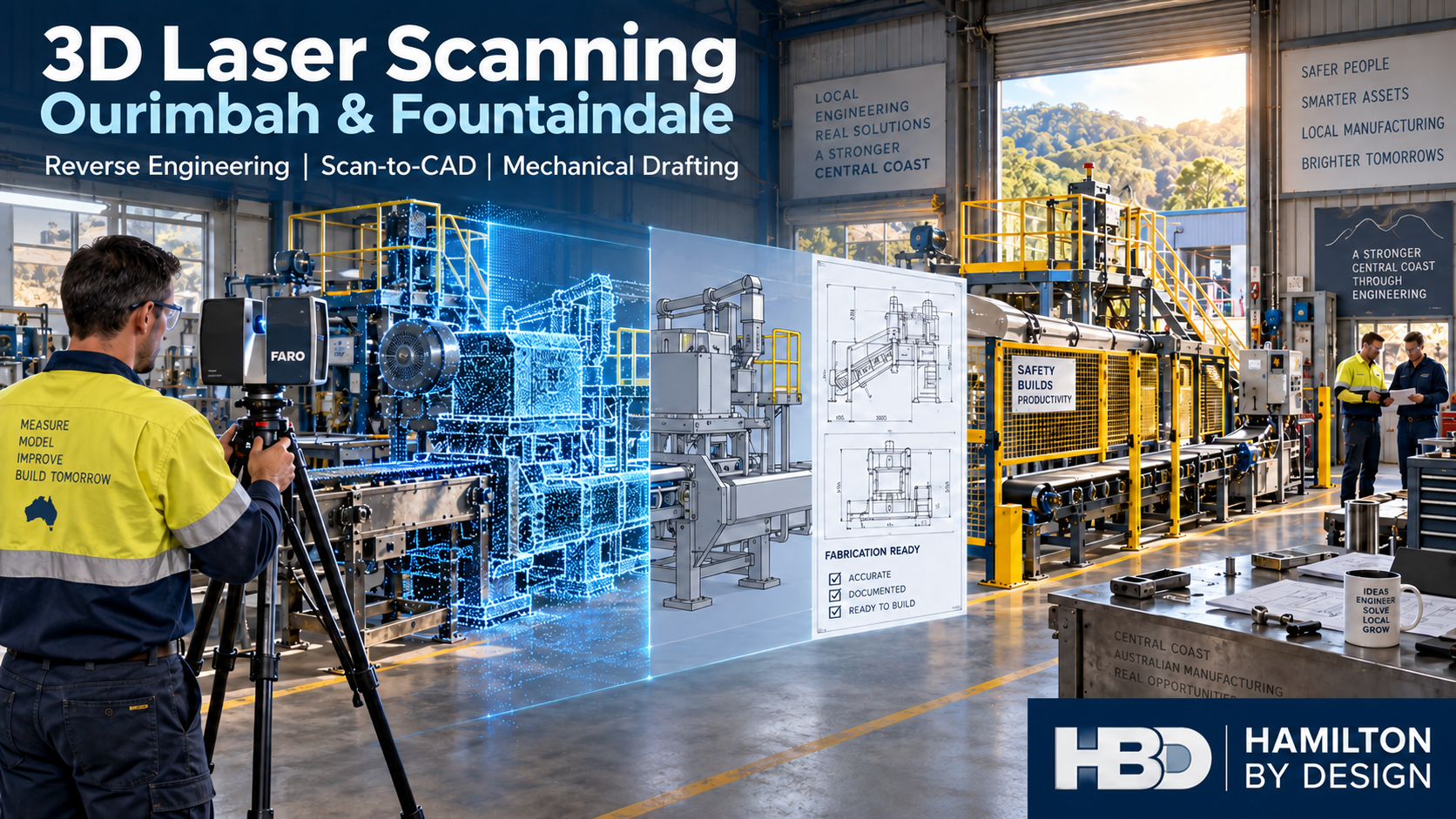 Hamilton By Design 3D laser scanning industrial machinery in an Ourimbah and Fountaindale workshop, converting point-cloud data into CAD models and fabrication drawings.