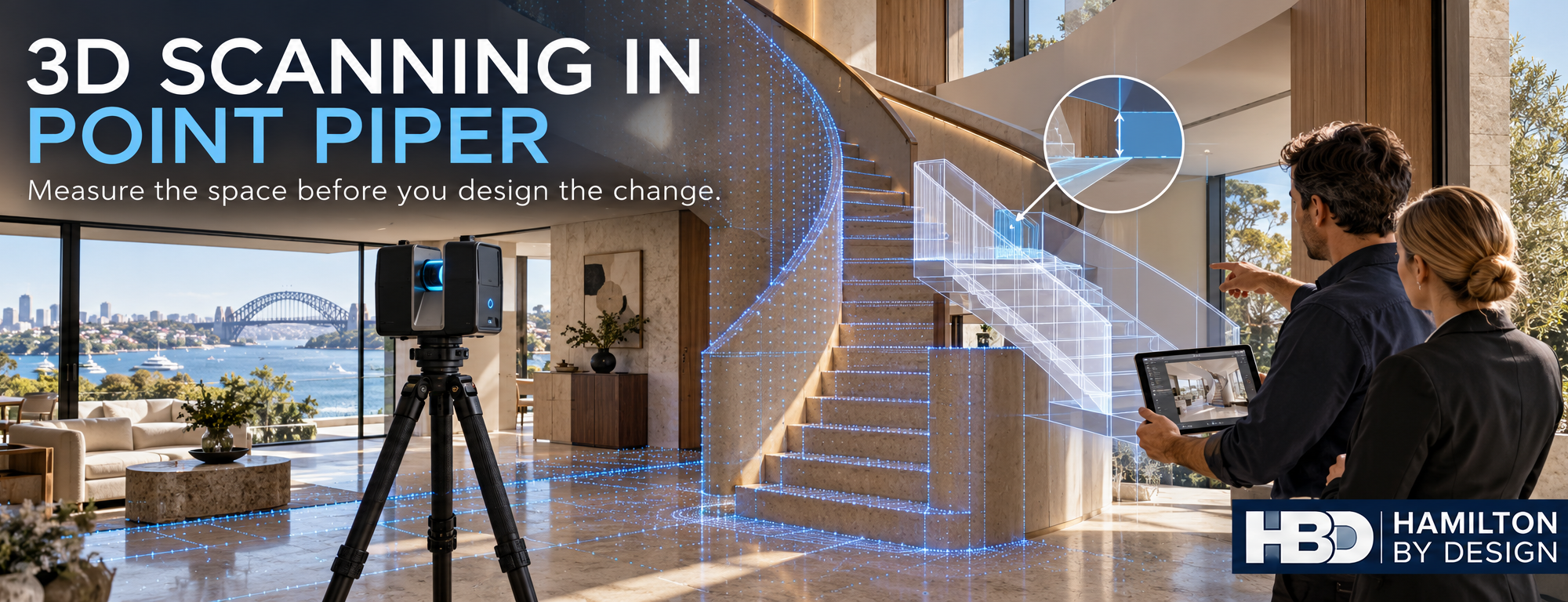 3D LiDAR scanner capturing a Point Piper home’s staircase while a proposed stair design is checked against the existing space.