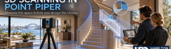 3D LiDAR scanner capturing a Point Piper home’s staircase while a proposed stair design is checked against the existing space.