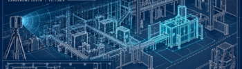 Technical drawing of a factory being scanned with LiDAR, showing a point cloud and proposed machinery in the plant layout.