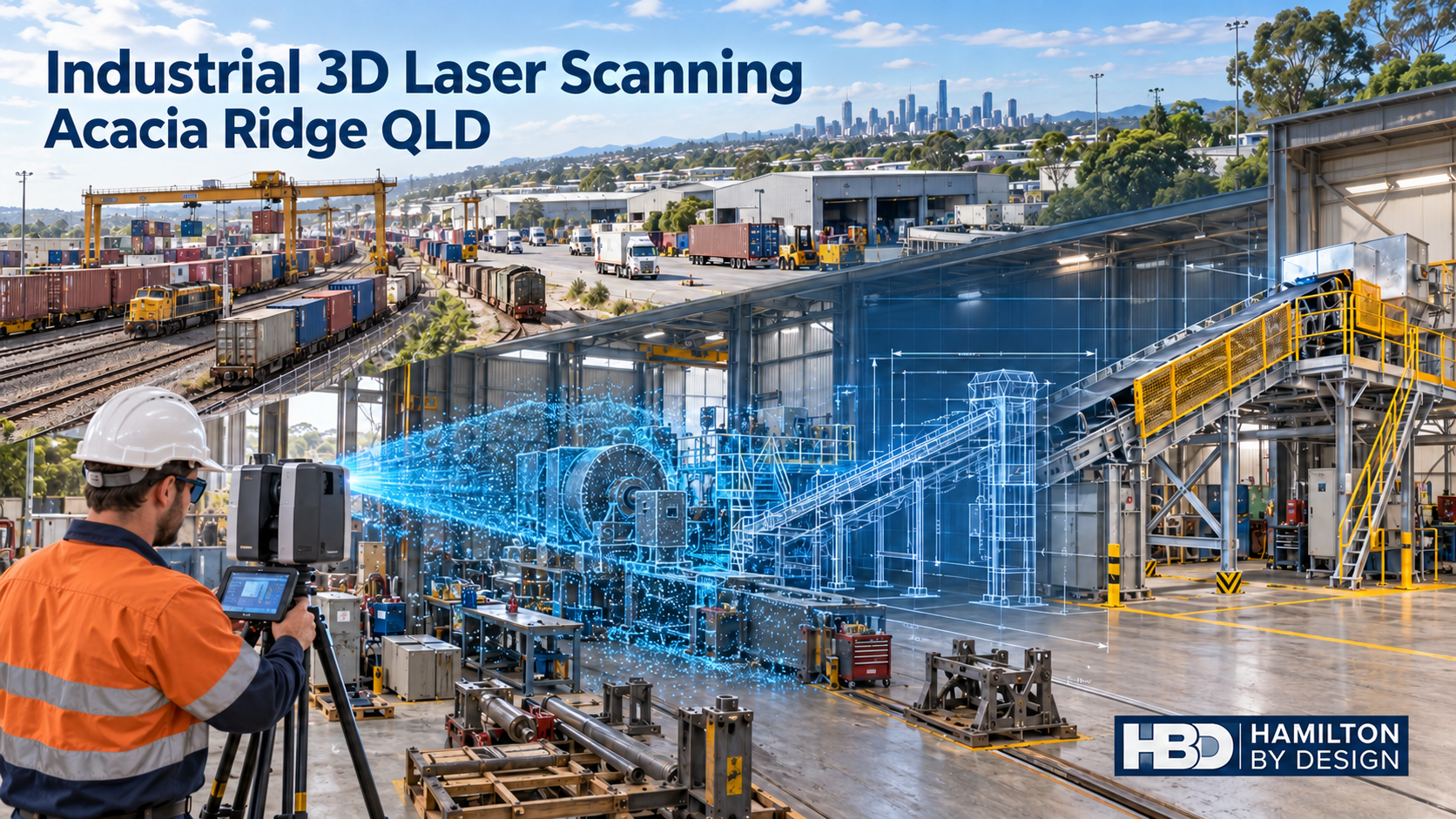 Hamilton By Design industrial 3D laser scanning an Acacia Ridge rail workshop, with point-cloud data transitioning into a CAD model and guarded conveyor upgrade.
