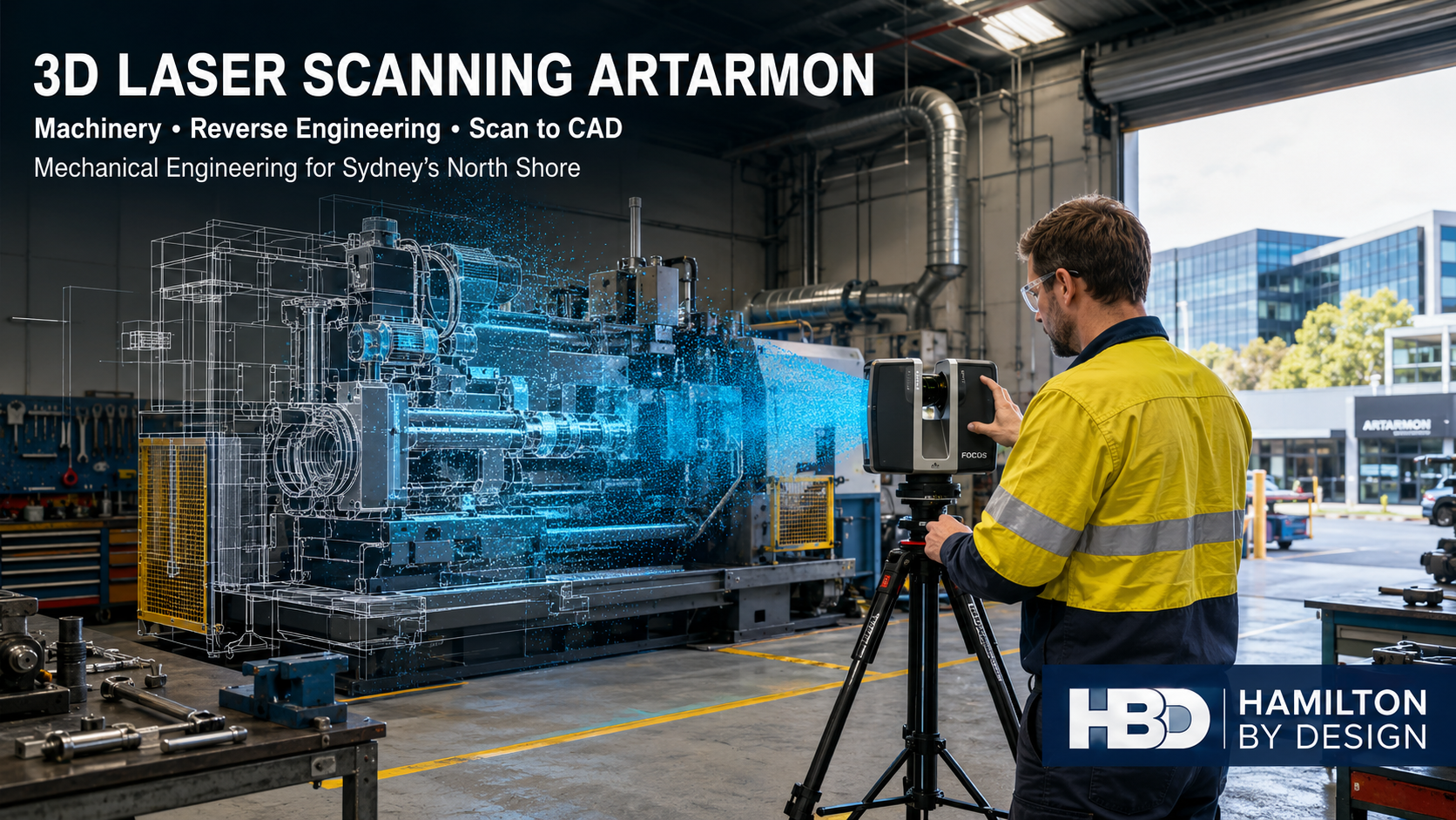 Hamilton By Design engineer using a 3D laser scanner to capture industrial machinery in an Artarmon workshop for reverse engineering and scan-to-CAD modelling.