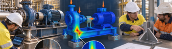 Engineer inspecting a cracked pump skid beside an FEA model showing the corresponding stress area and a proposed support modification.