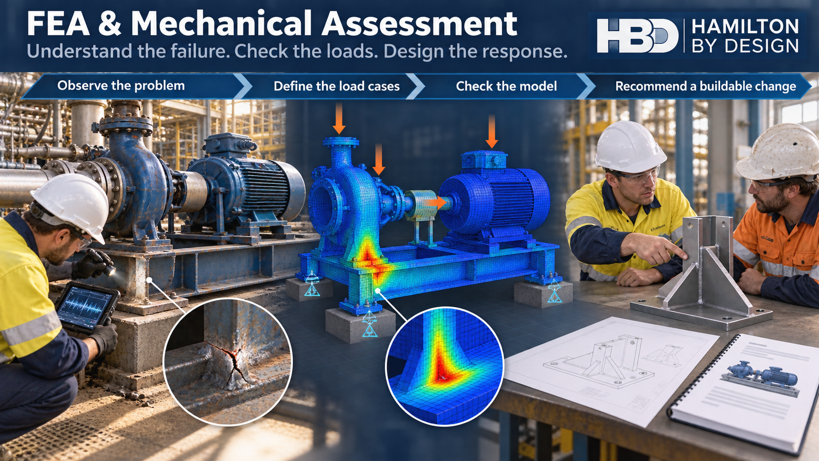 Engineer inspecting a cracked pump skid beside an FEA model showing the corresponding stress area and a proposed support modification.