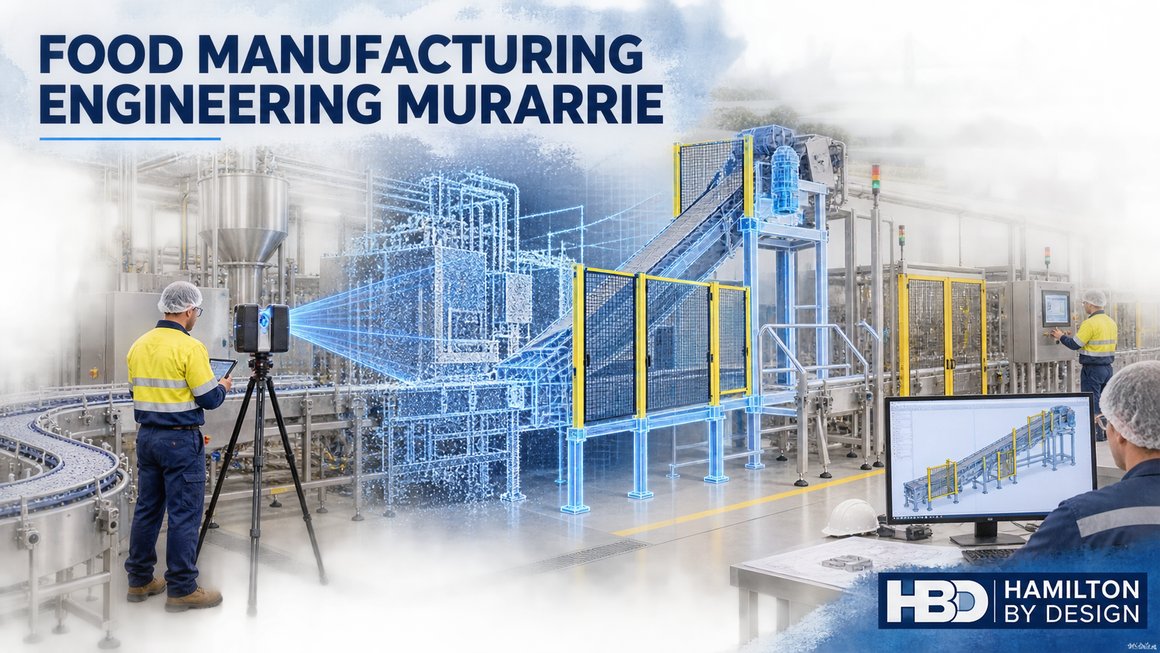 Hamilton By Design 3D scanning a food manufacturing production line in Murarrie, with point-cloud modelling, conveyor design and machine guarding.