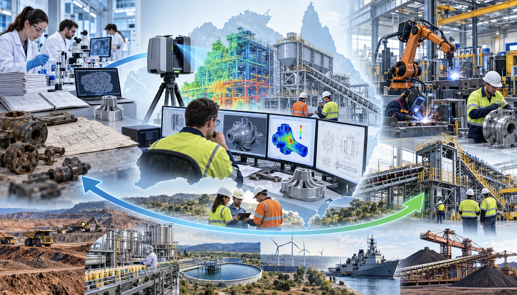 Australian industrial innovation pathway showing research, LiDAR scanning, point-cloud capture, CAD engineering, manufacturing and operating infrastructure.