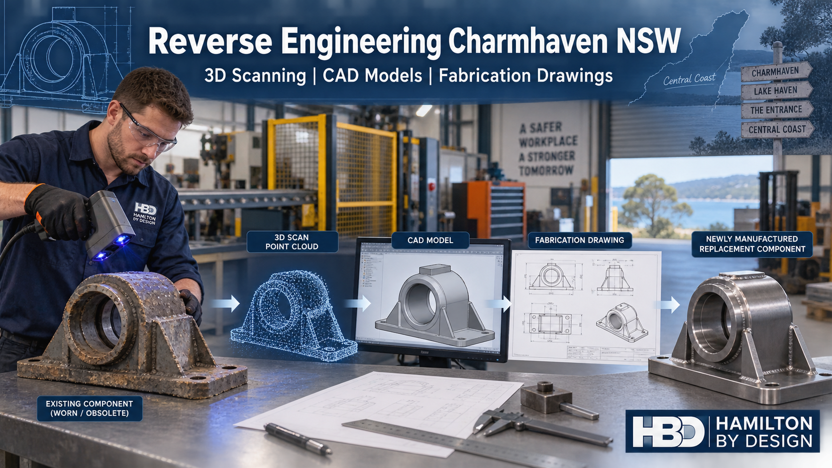 Reverse engineering in Charmhaven showing a worn machine component transformed through 3D scanning, CAD modelling and fabrication drawings into a replacement part.