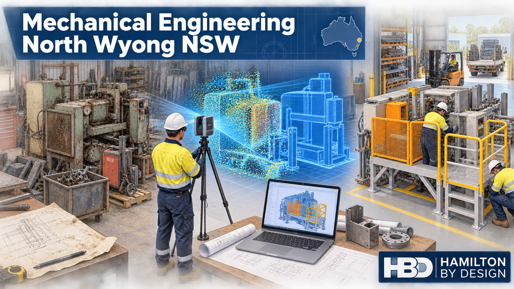 Hamilton By Design engineer performing 3D laser scanning for a machinery modification in a North Wyong NSW industrial workshop.