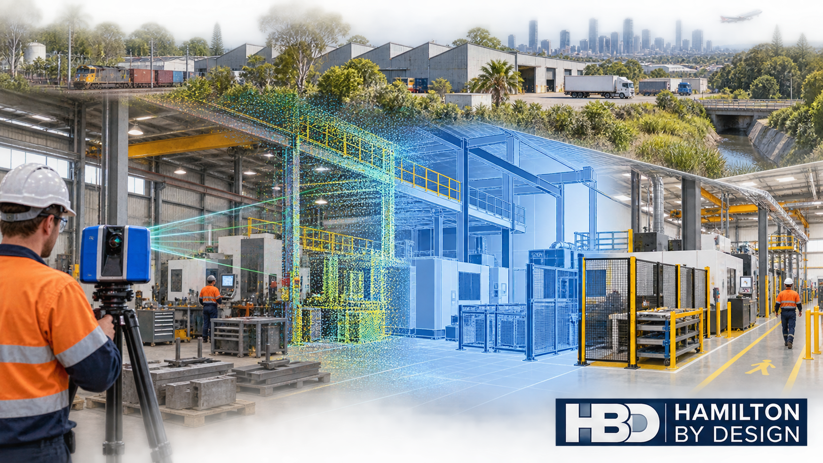 Industrial 3D laser scanning of a Brisbane north factory transitioning from point-cloud data to an engineered CAD model.