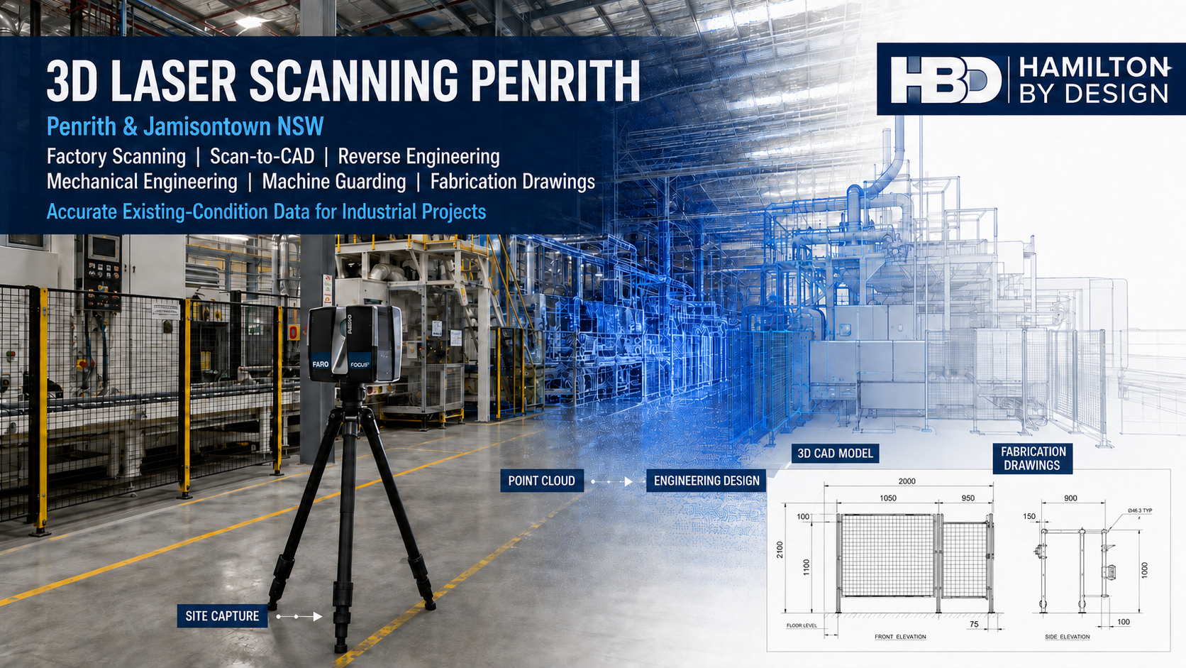 3D laser scanning Penrith hero image showing a FARO scanner capturing a guarded factory for point-cloud modelling, engineering design, 3D CAD and fabrication drawings.
