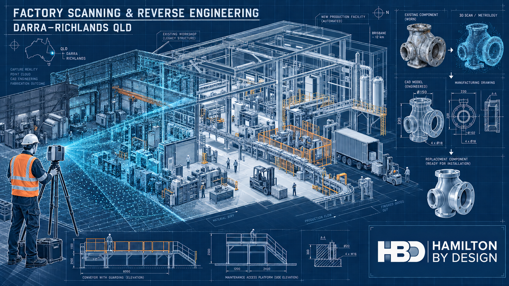 Technical drawing showing factory 3D laser scanning, point-cloud capture and machinery reverse engineering in Darra and Richlands, Queensland.