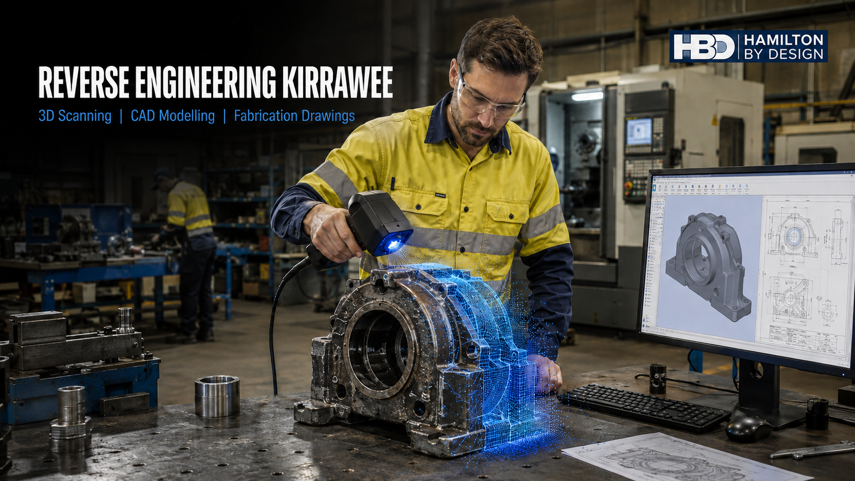 Mechanical engineer 3D scanning a machinery component for reverse engineering, CAD modelling and fabrication drawings in Kirrawee NSW.