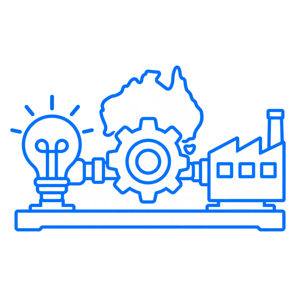 Blue line-art icon showing a lightbulb, mechanical gear, Australian map and factory representing Australian manufacturing research and development.