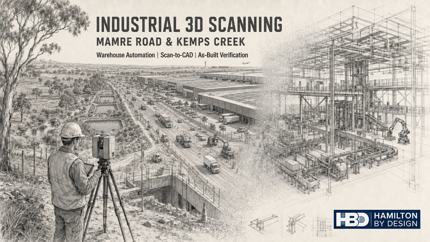 Grey pencil illustration of industrial 3D scanning at Mamre Road and Kemps Creek, showing a LiDAR scanner, warehouses, roadworks and automated conveyors.