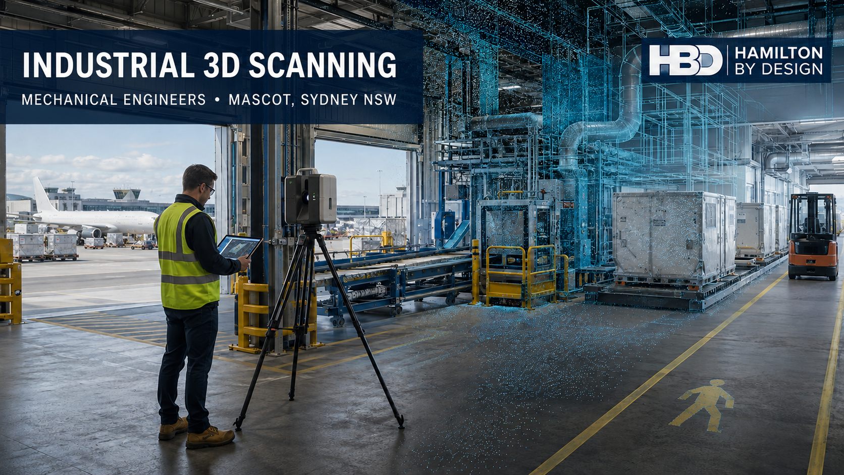 Hamilton By Design mechanical engineer using a 3D laser scanner inside an aviation and cargo facility in Mascot, Sydney NSW.
