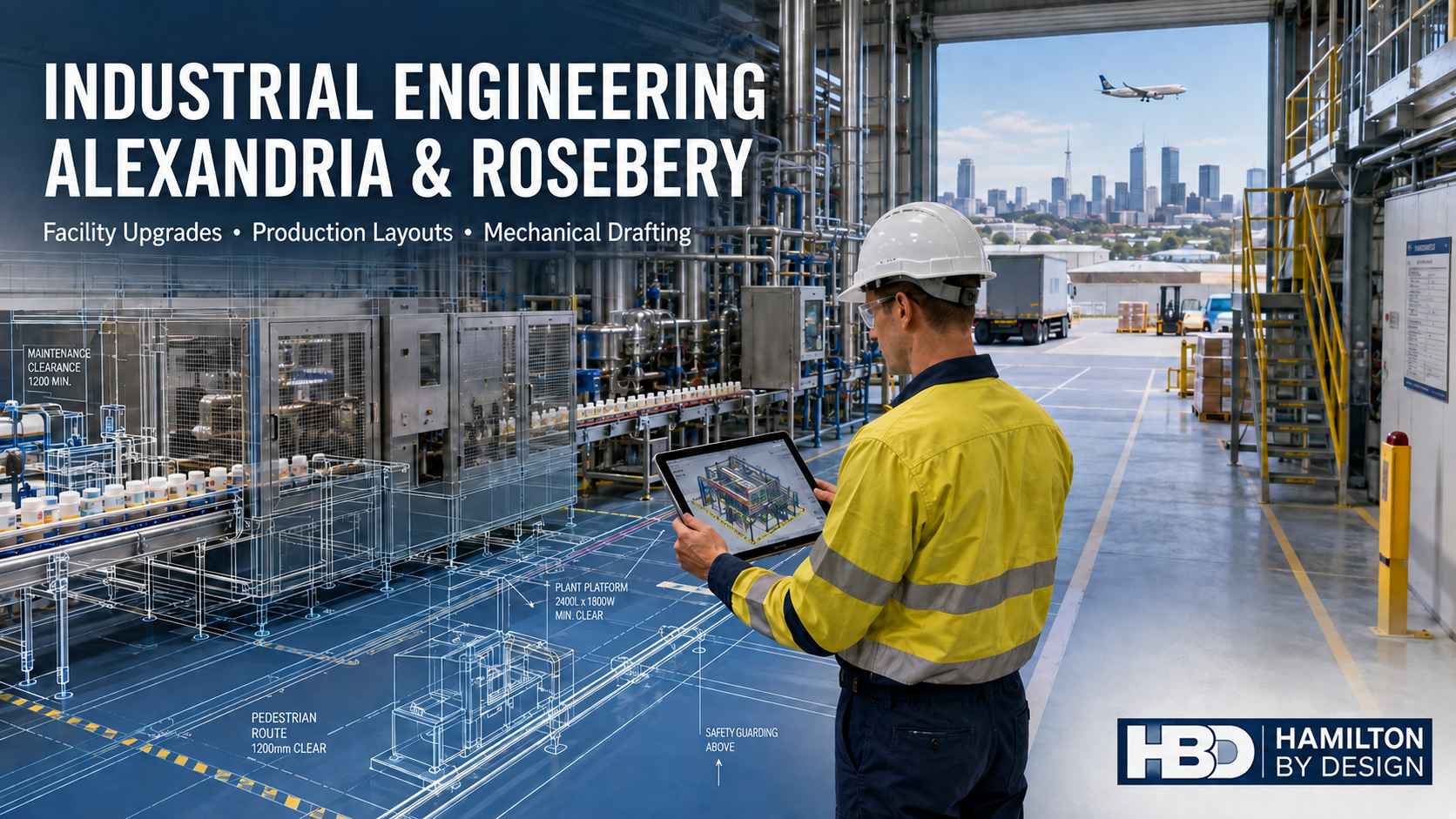 Industrial engineering in Alexandria and Rosebery showing an engineer reviewing a factory CAD model, with production equipment and the Hamilton By Design logo.