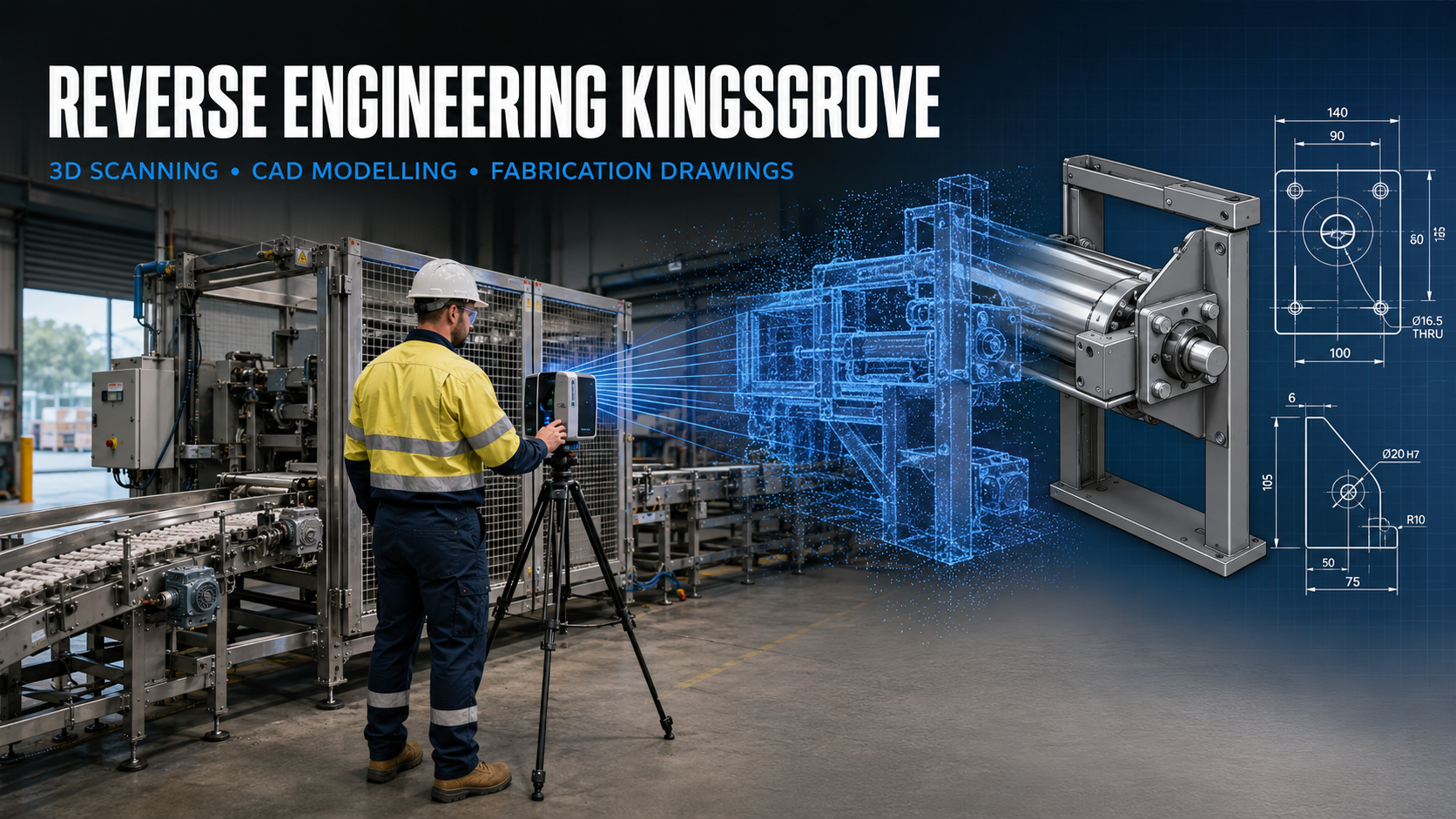 Reverse engineering in Kingsgrove showing an engineer 3D scanning industrial machinery to create a CAD model and fabrication drawings.