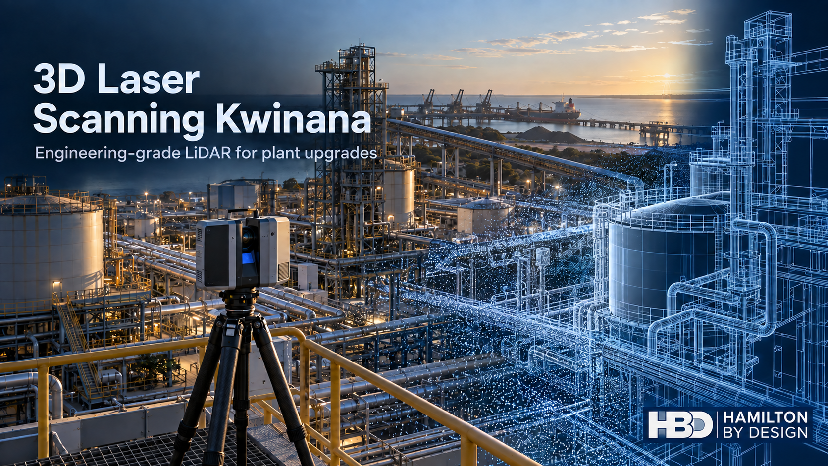 3D laser scanner overlooking a Kwinana industrial plant, with pipework and tanks transitioning into a blue point cloud and CAD model.