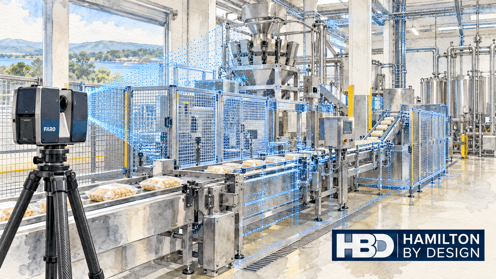 Watercolour illustration of a Berkeley Vale food-production line undergoing 3D LiDAR scanning for machine guarding and plant modifications.