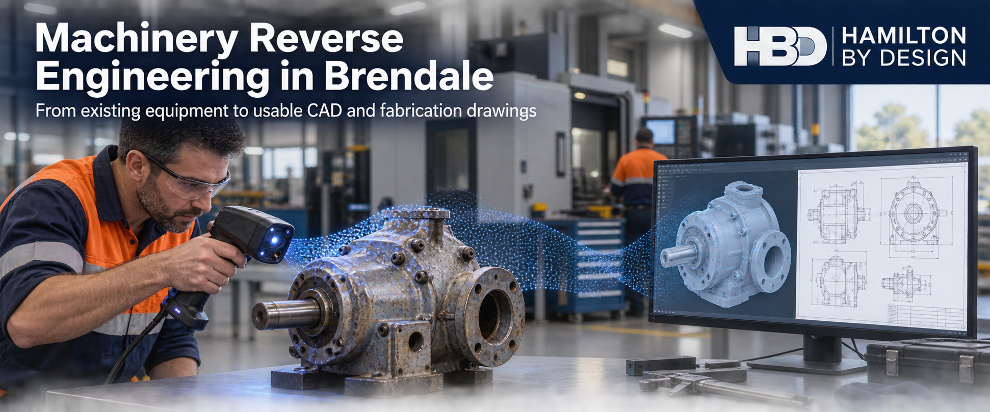 HBD engineer scanning a worn machinery component in a Brendale workshop, with a CAD model and fabrication drawing displayed beside it.