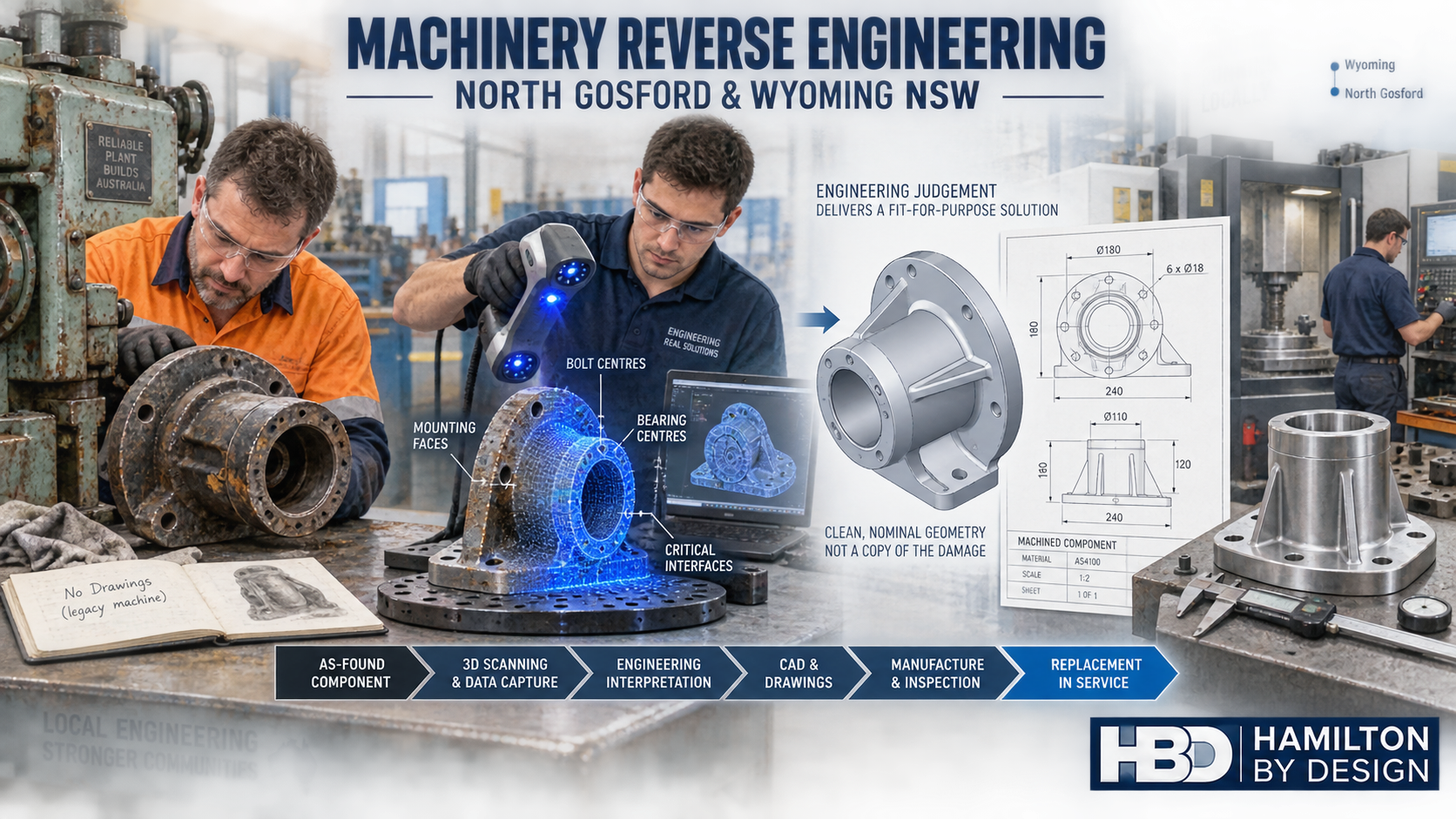 Machinery reverse engineering in North Gosford and Wyoming showing a worn component progressing through 3D scanning, CAD modelling, engineering drawings and local manufacture.