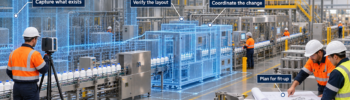 HBD engineer scanning an operating production line while a 3D equipment model and installation drawings show a planned factory upgrade.
