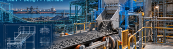 Conveyor transfer point in a Kwinana industrial plant with LiDAR and CAD overlays illustrating a proposed mechanical design upgrade.
