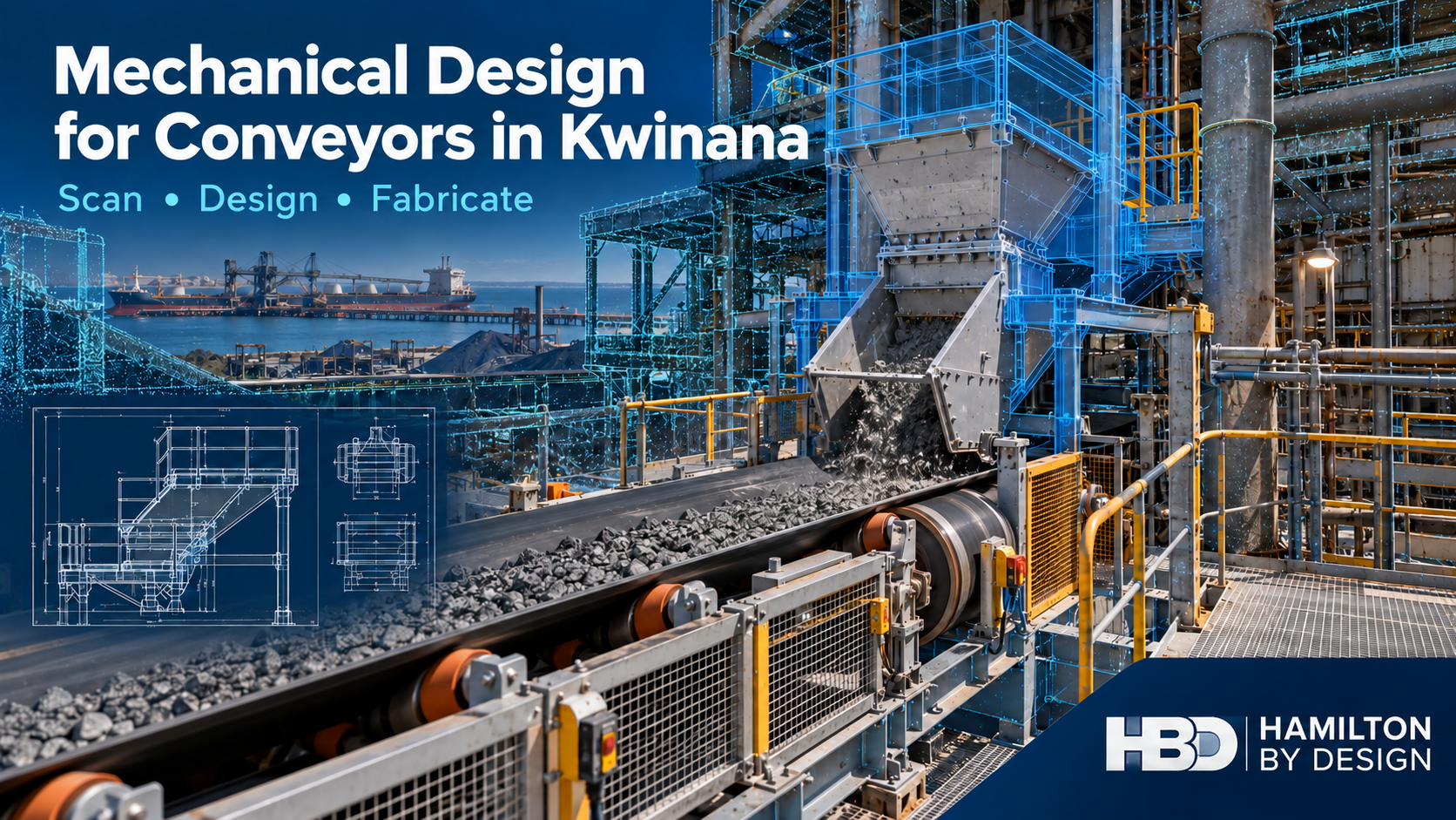 Conveyor transfer point in a Kwinana industrial plant with LiDAR and CAD overlays illustrating a proposed mechanical design upgrade.