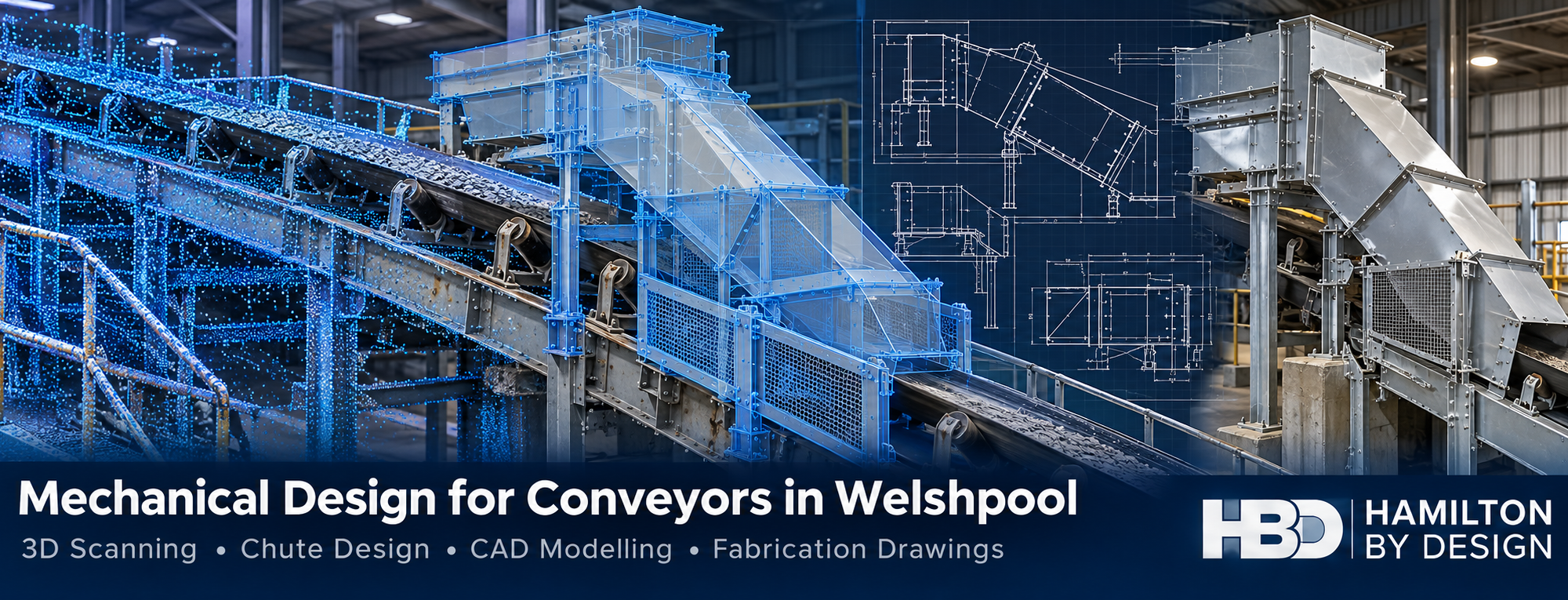Industrial conveyor and transfer chute shown with a LiDAR point cloud, 3D CAD model and fabrication drawing, with the Hamilton By Design logo.