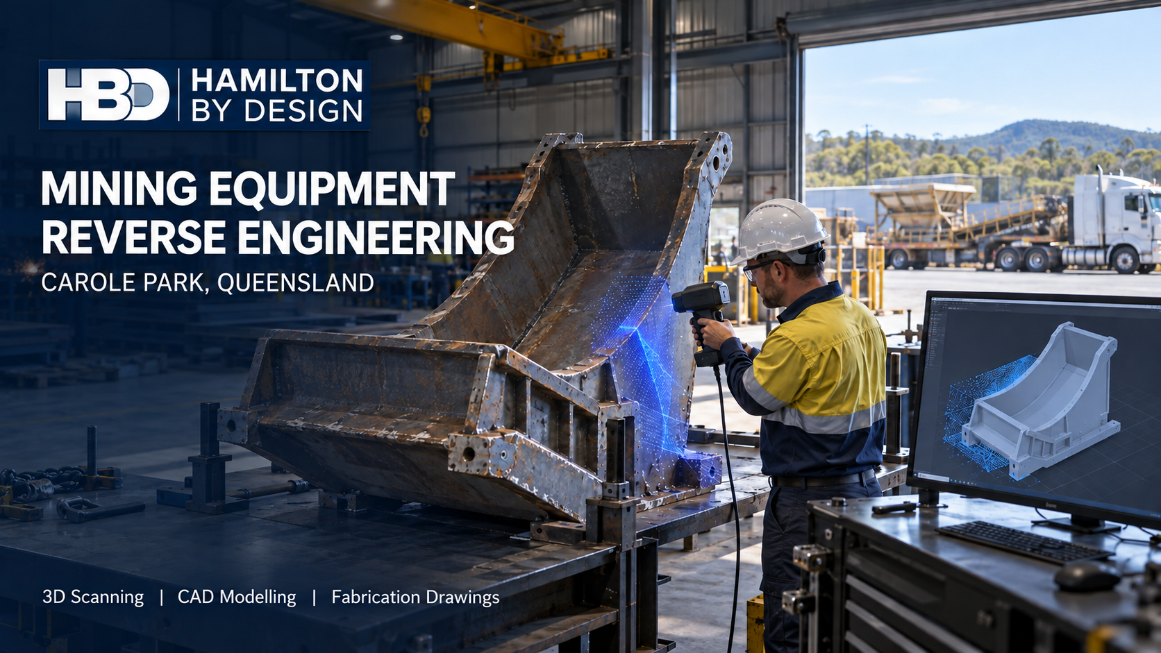 Hamilton By Design hero image for mining equipment reverse engineering in Carole Park, showing an engineer scanning a worn conveyor chute beside its 3D CAD model.