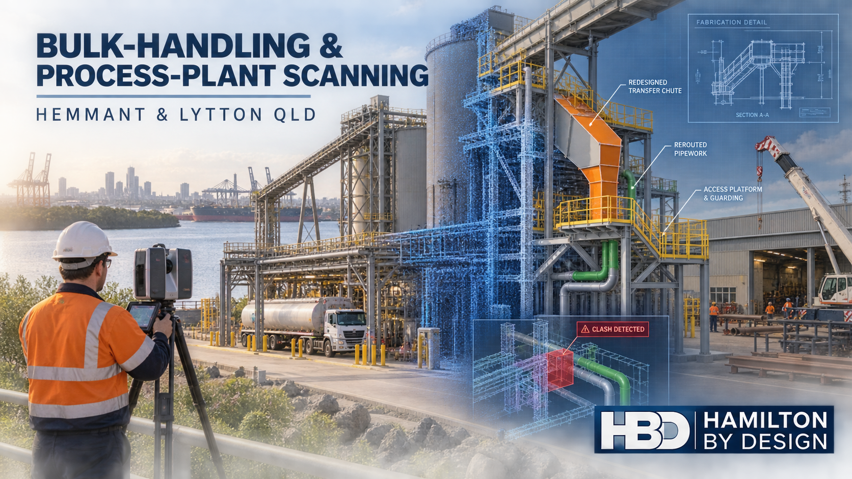 Hamilton By Design engineer using a 3D laser scanner at a bulk-handling and process plant in Hemmant and Lytton, Queensland.