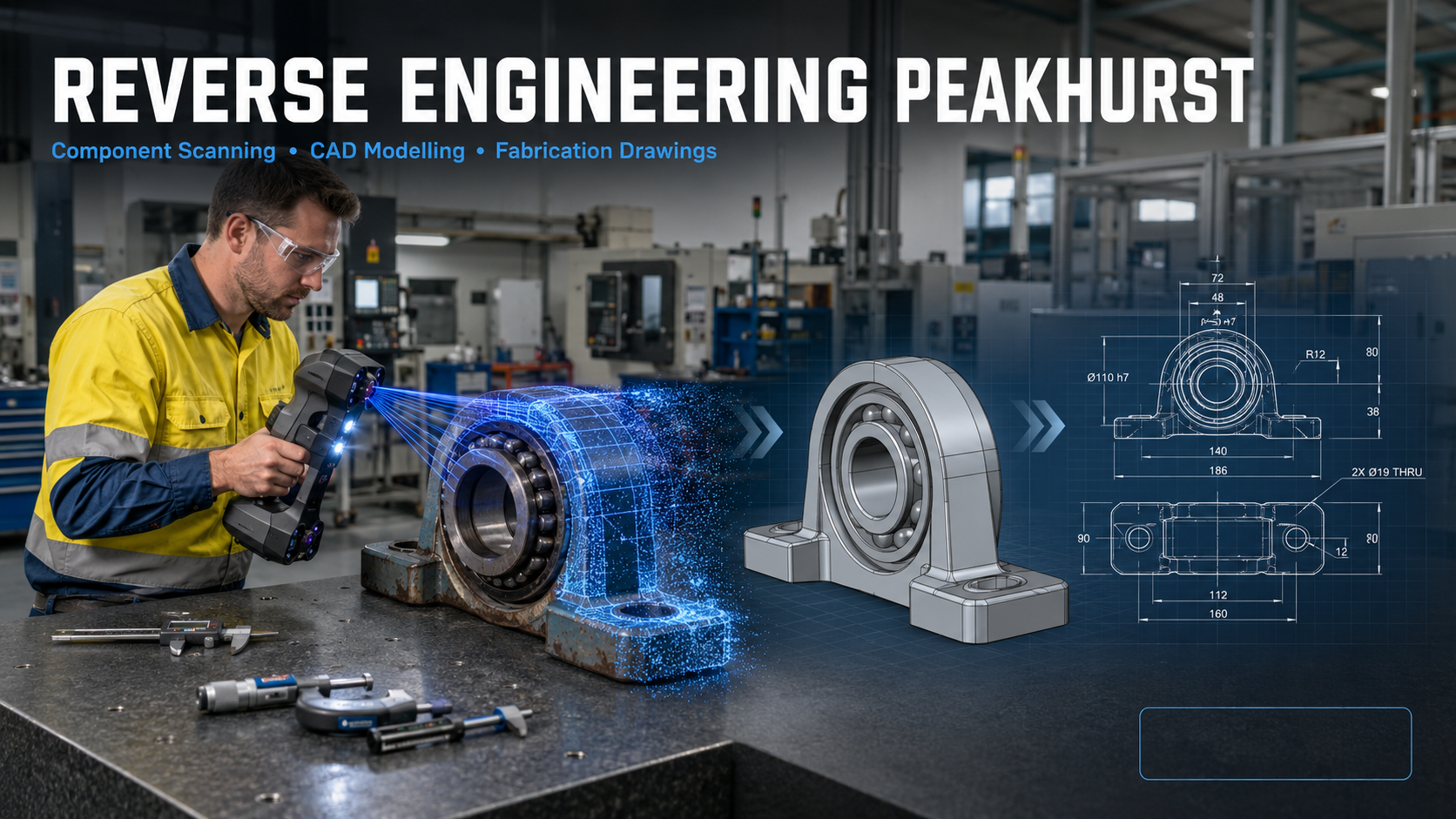 Reverse engineering in Peakhurst showing an engineer 3D scanning a bearing housing to create a CAD model and fabrication drawings.