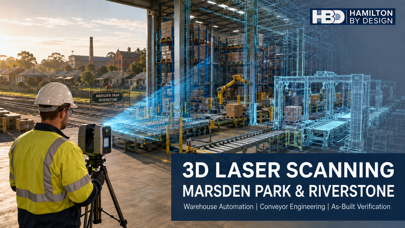 Hamilton By Design engineer using 3D laser scanning to capture an automated warehouse and conveyor system in the Marsden Park and Riverstone industrial area.
