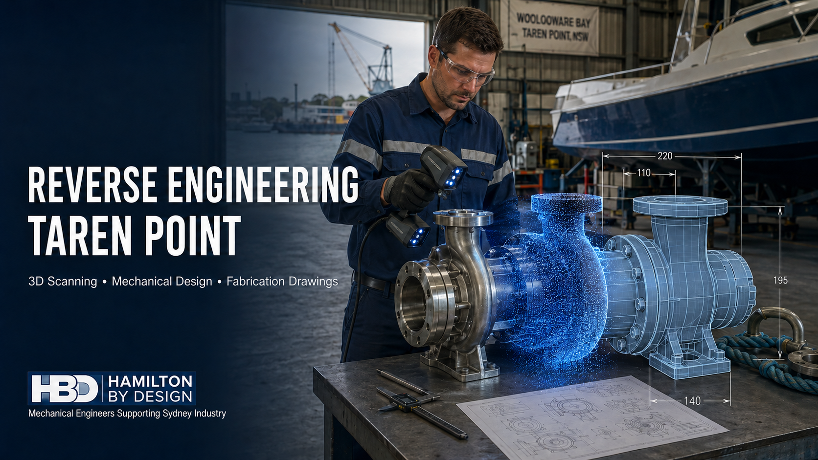 Hamilton By Design engineer 3D scanning a marine pump for reverse engineering in Taren Point, with point-cloud and CAD model overlays.