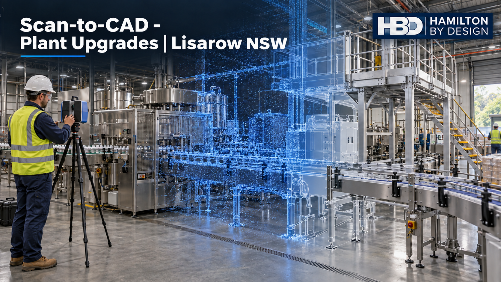 Engineer using a 3D laser scanner for scan-to-CAD plant upgrades in a Lisarow NSW manufacturing facility.