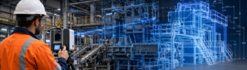 3D laser scanning of industrial machinery in a Somersby factory for reverse engineering and mechanical design.