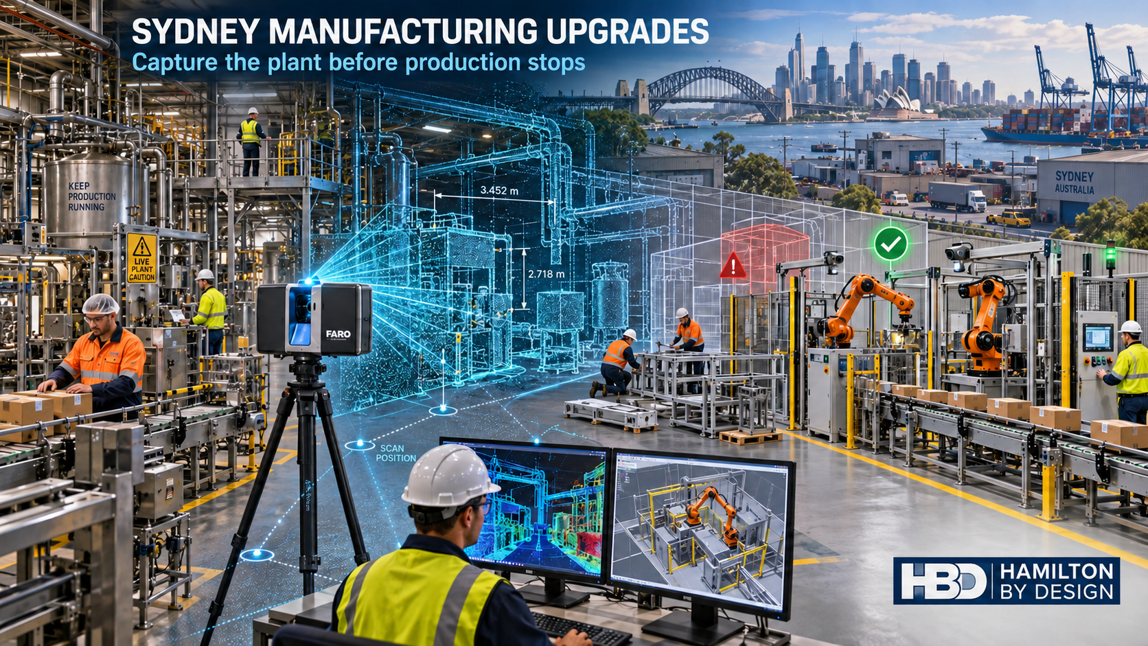 3D LiDAR scanning of a Sydney manufacturing facility with robotic production cells, point-cloud data and the Hamilton By Design logo.
