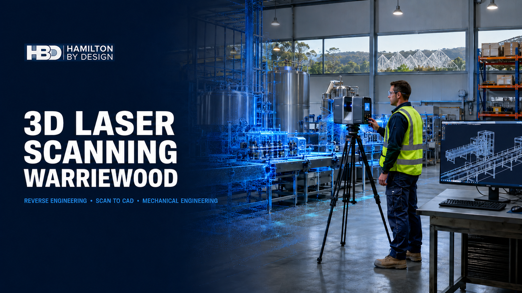 Mechanical engineer performing 3D laser scanning inside a Warriewood factory, with point-cloud data and a scan-to-CAD model.