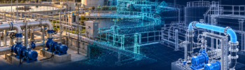 Wastewater treatment plant transitioning from an operating facility through a LiDAR point cloud to a CAD model of proposed pump and pipework upgrades.
