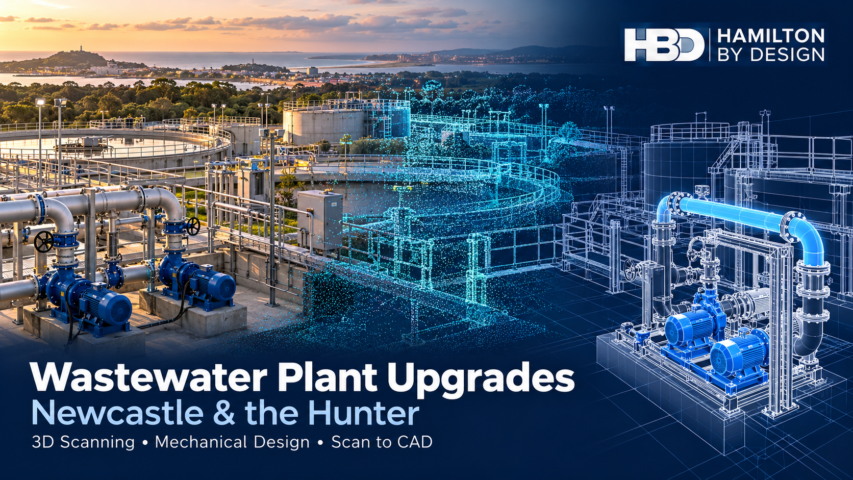 Wastewater treatment plant transitioning from an operating facility through a LiDAR point cloud to a CAD model of proposed pump and pipework upgrades.