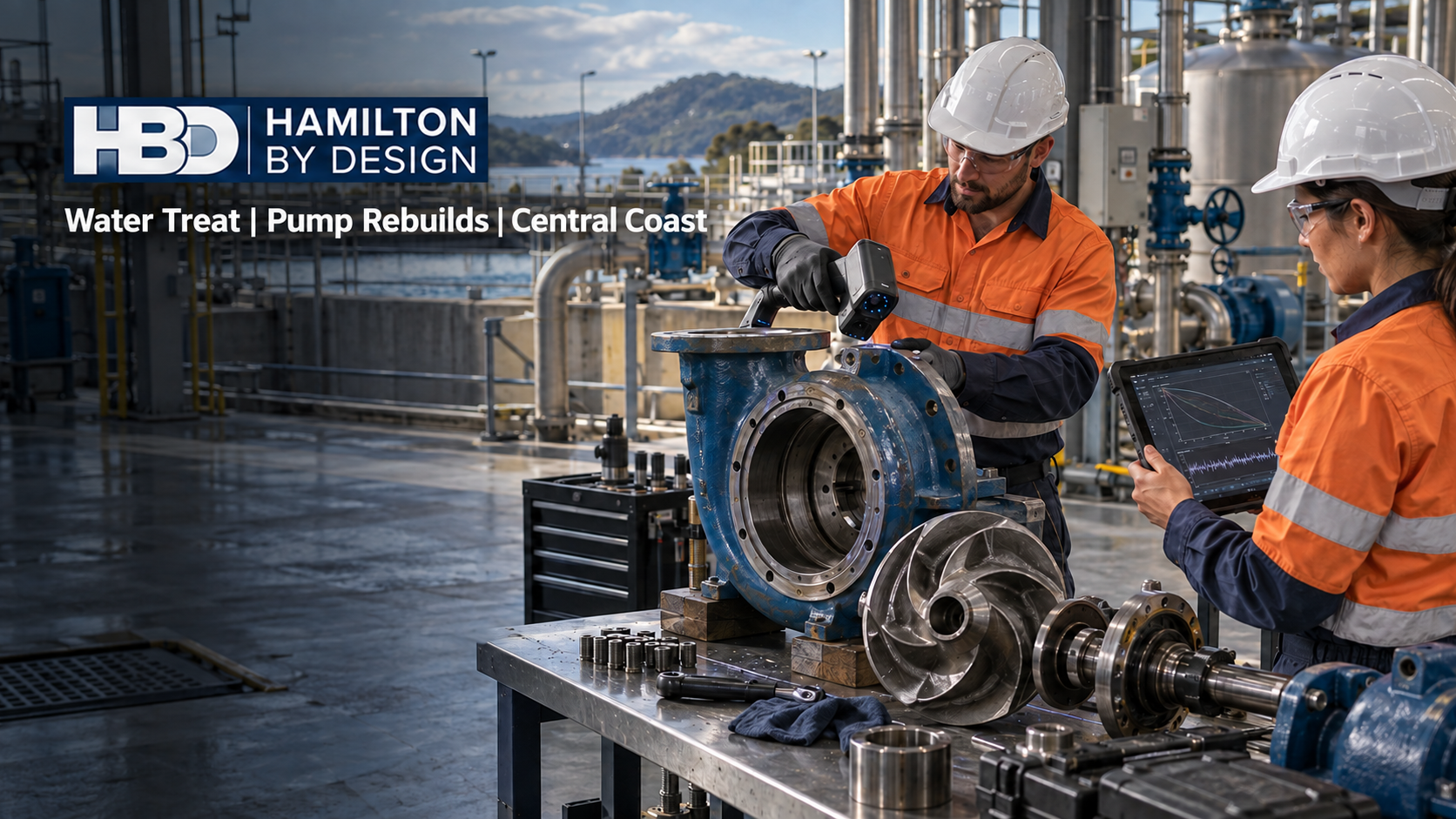 Hamilton By Design engineers 3D scanning and rebuilding an industrial water pump at a Central Coast treatment plant.