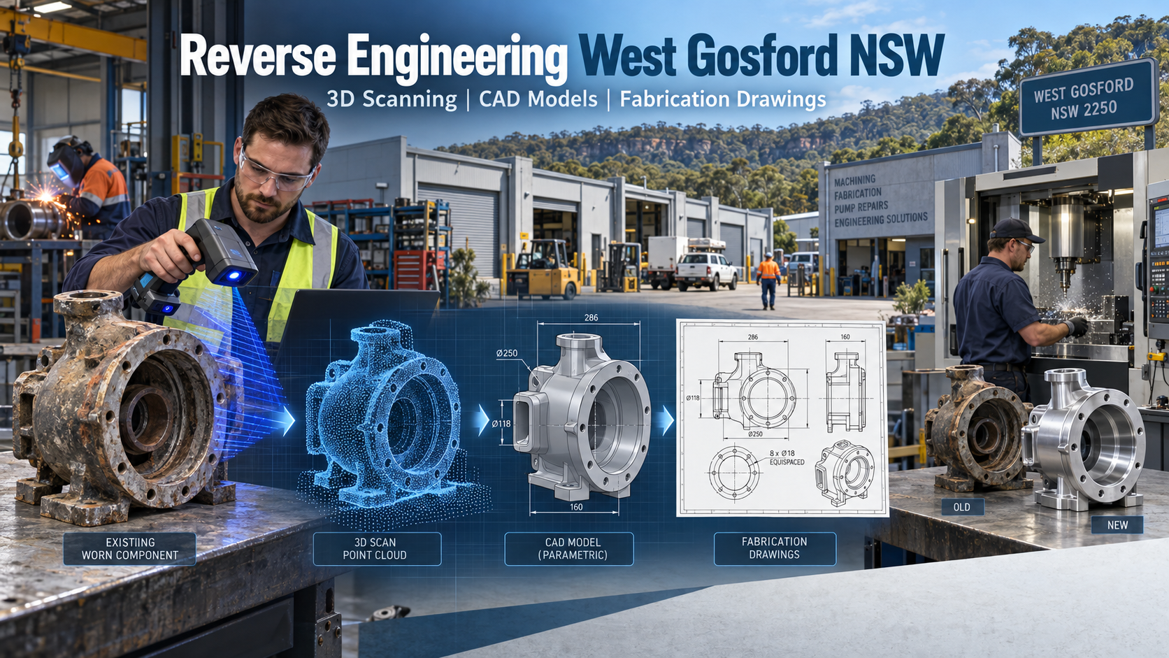 Reverse engineering in West Gosford showing a worn pump component progressing through 3D scanning, CAD modelling and fabrication drawings to a locally manufactured replacement.