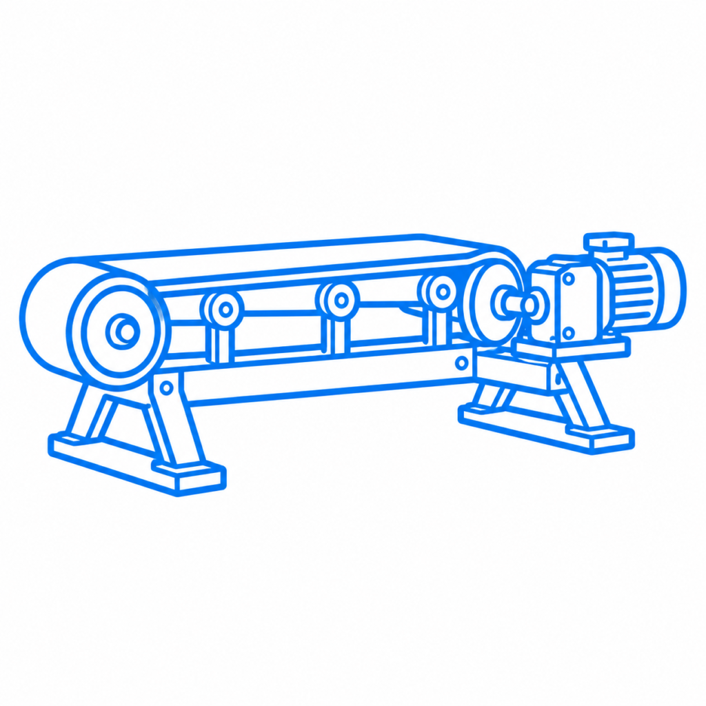 Blue line icon of an industrial belt conveyor with rollers, support frame, gearbox and drive motor.