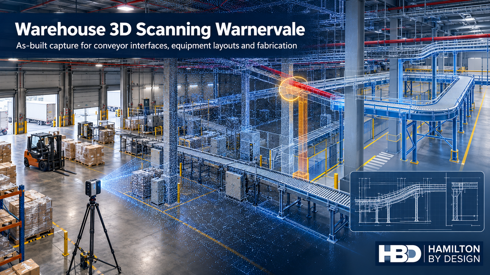 Illustration of a Warnervale warehouse showing a laser scanner, point cloud, conveyor clash and revised CAD layout.