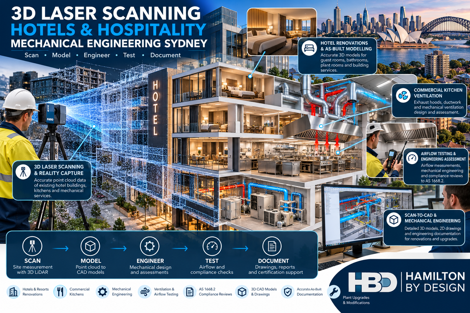3D laser scanning and mechanical engineering for Sydney hotels and hospitality facilities, showing hotel renovations, commercial kitchen ventilation, airflow testing, point-cloud modelling and CAD engineering by Hamilton By Design.
